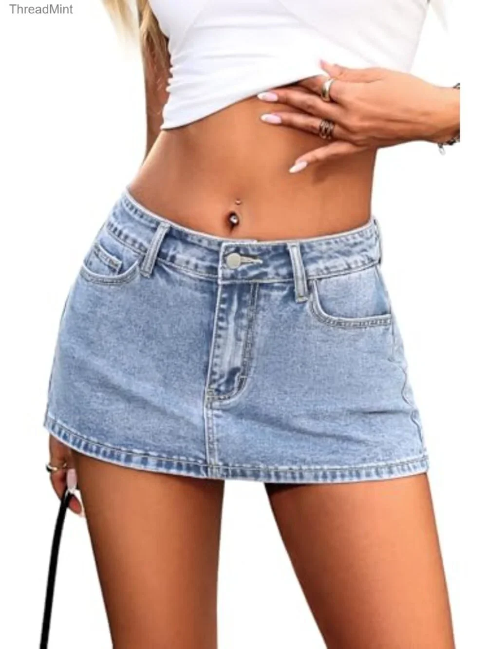 ELLEVEN Denim Skort Low Rise Mini Bodycon High Stretch Built-In Shorts
